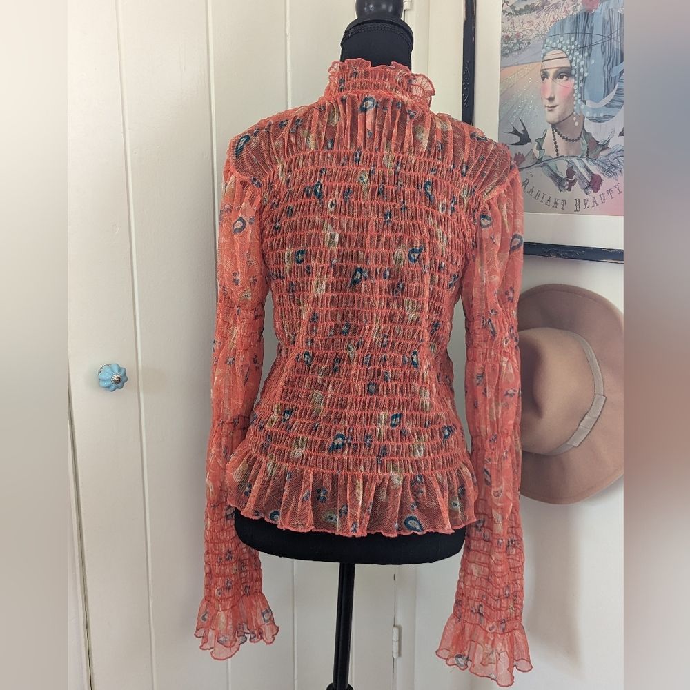 Free People Floral Shirred Mesh Bell Sleeve Fairycore Hippie Rock Top XL - Picture 9 of 14